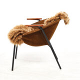 Cocktail chair, steel, leather, fur, teak. Vintage, Denmark, anonymous