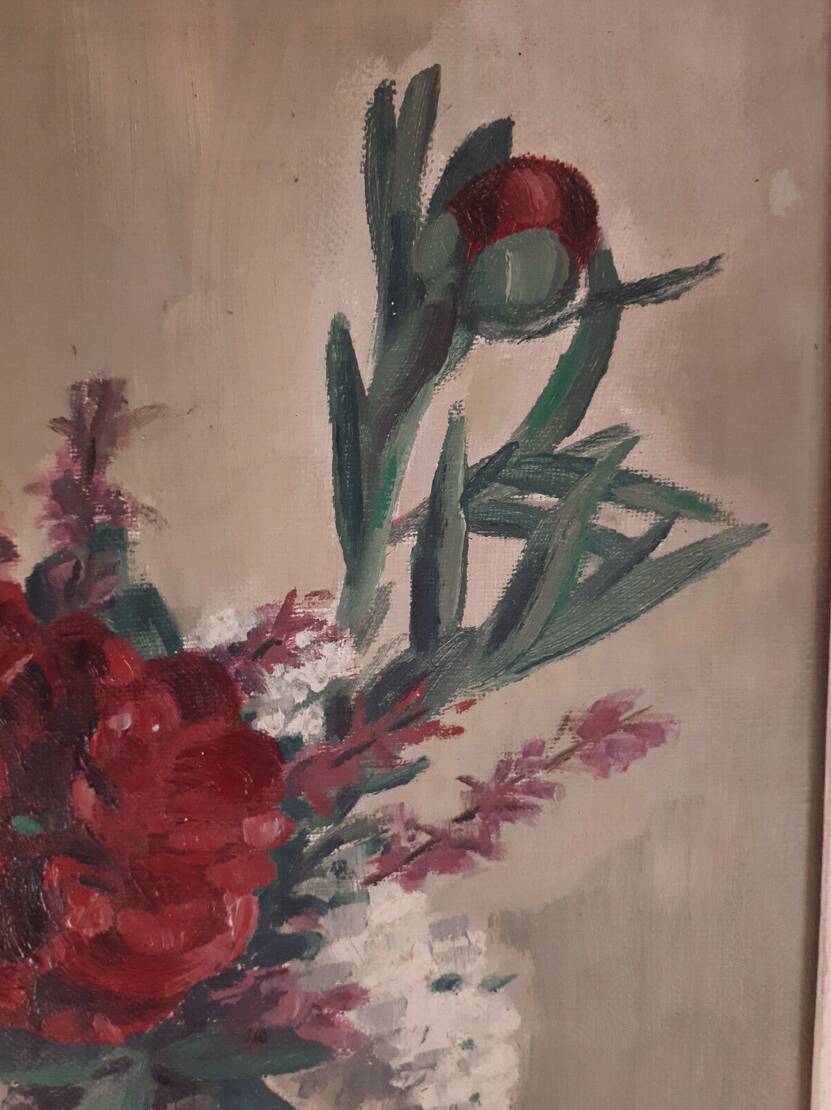HST painting bouquet of peony flowers signed Henri Marcel-Martin vintage 1950