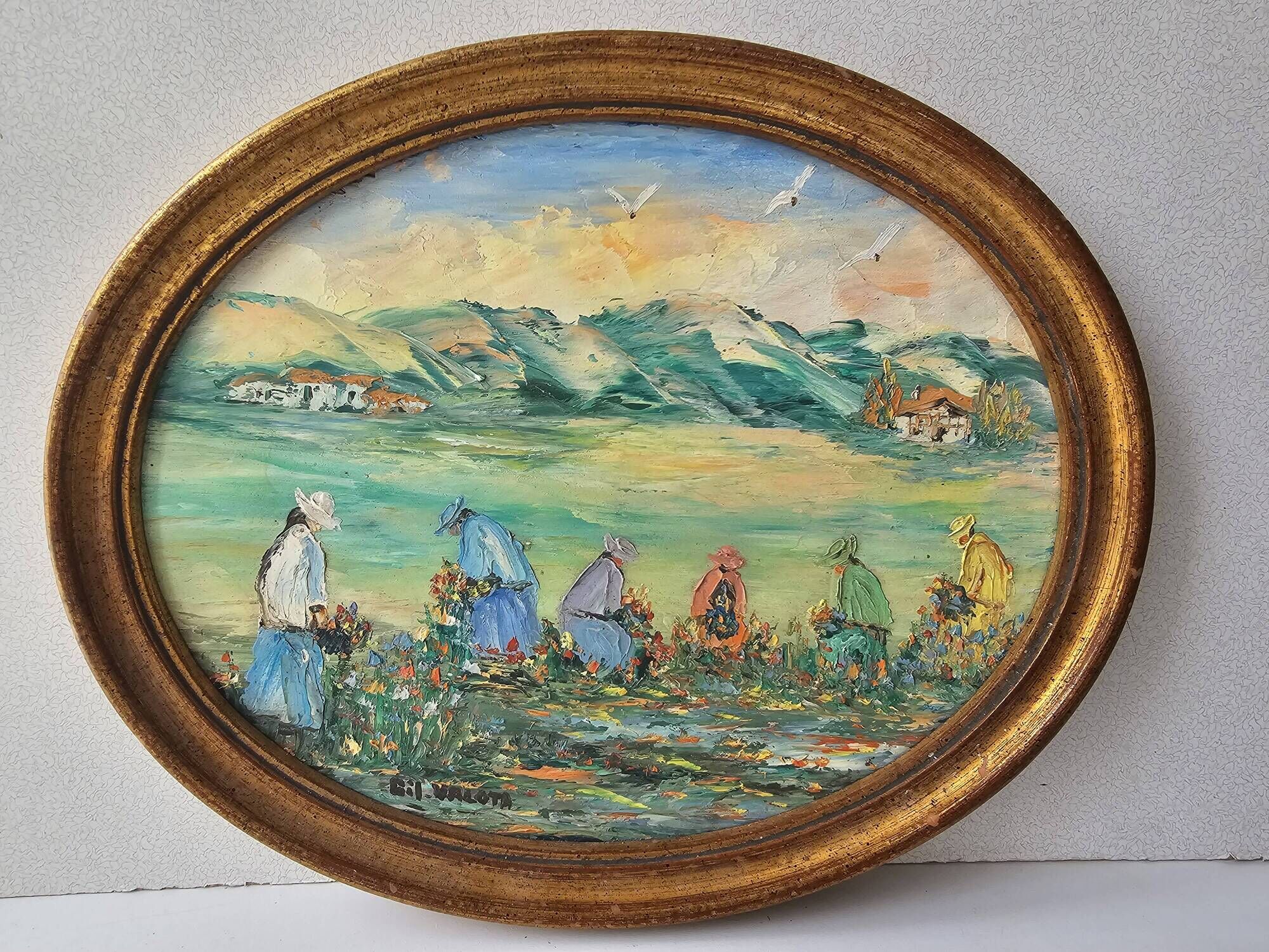Oil Painting on Panel Landscape Flower Picking Pyrenees Gil Valota