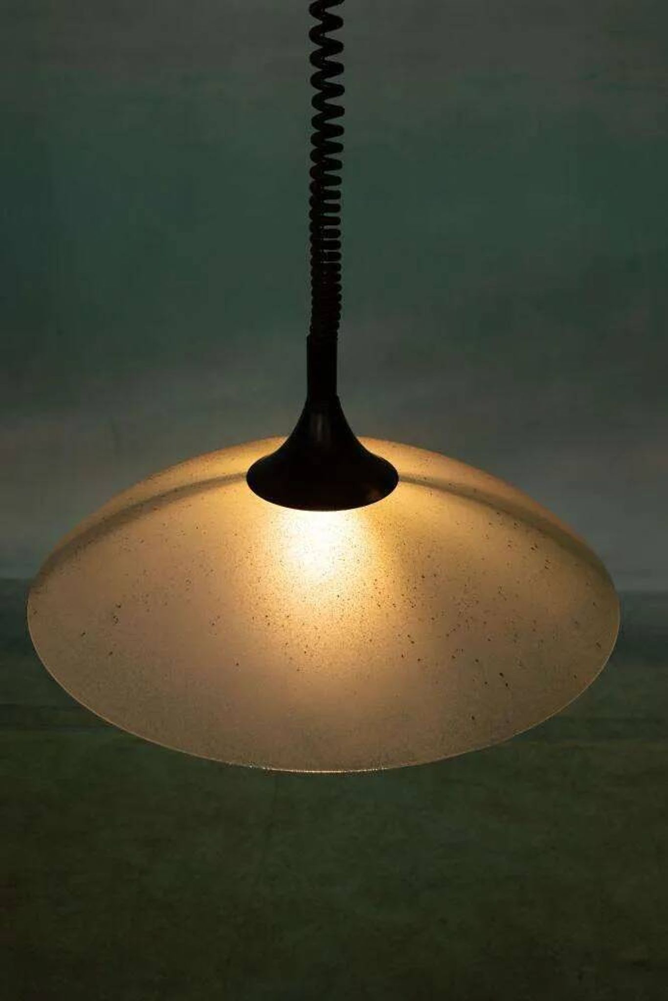 1980s Memphis glass suspension, vintage pull switch lamp.