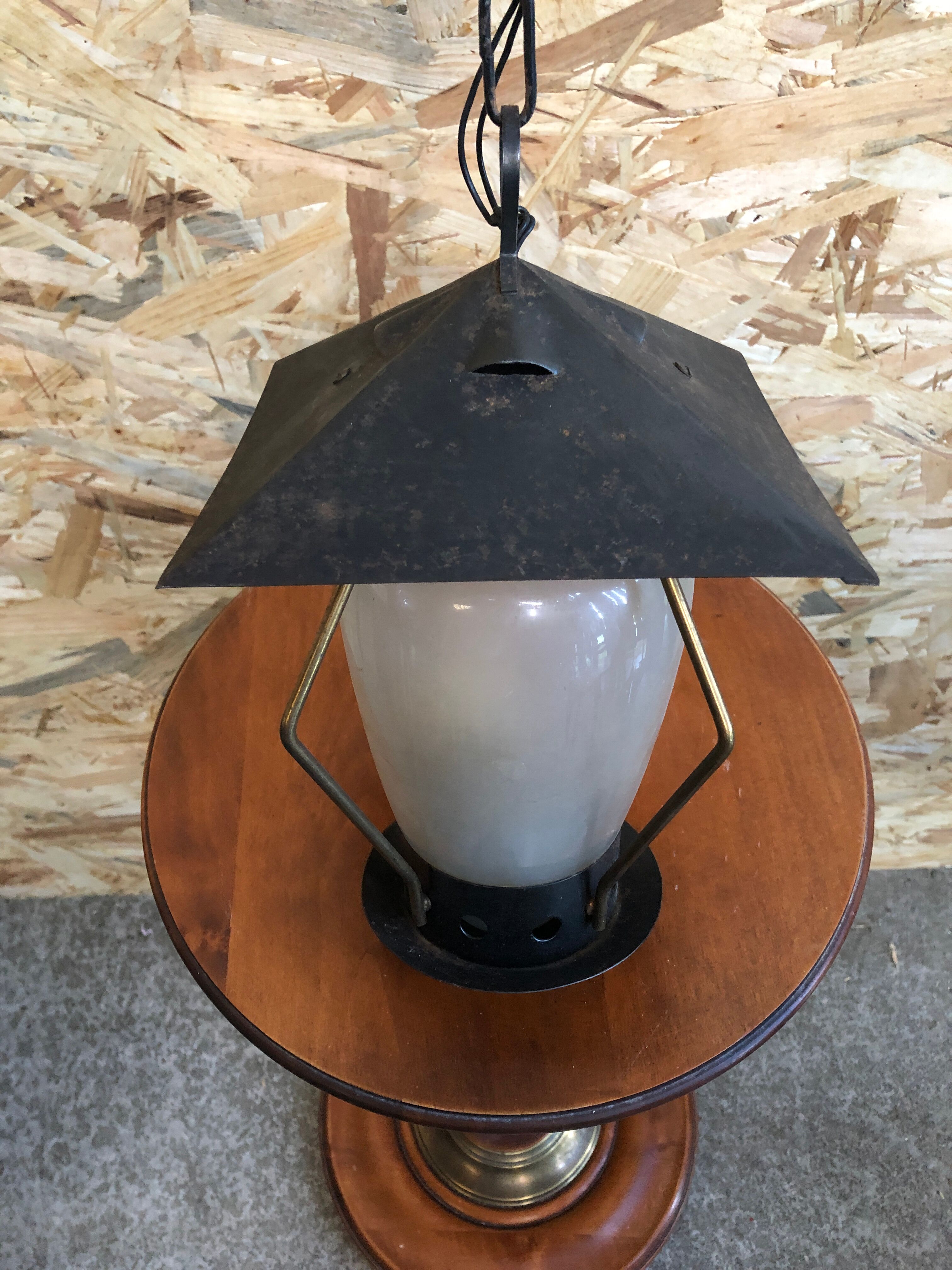 Old black metal & brass lantern pendant + vintage round opaque glass