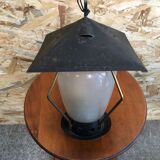 Old black metal & brass lantern pendant + vintage round opaque glass