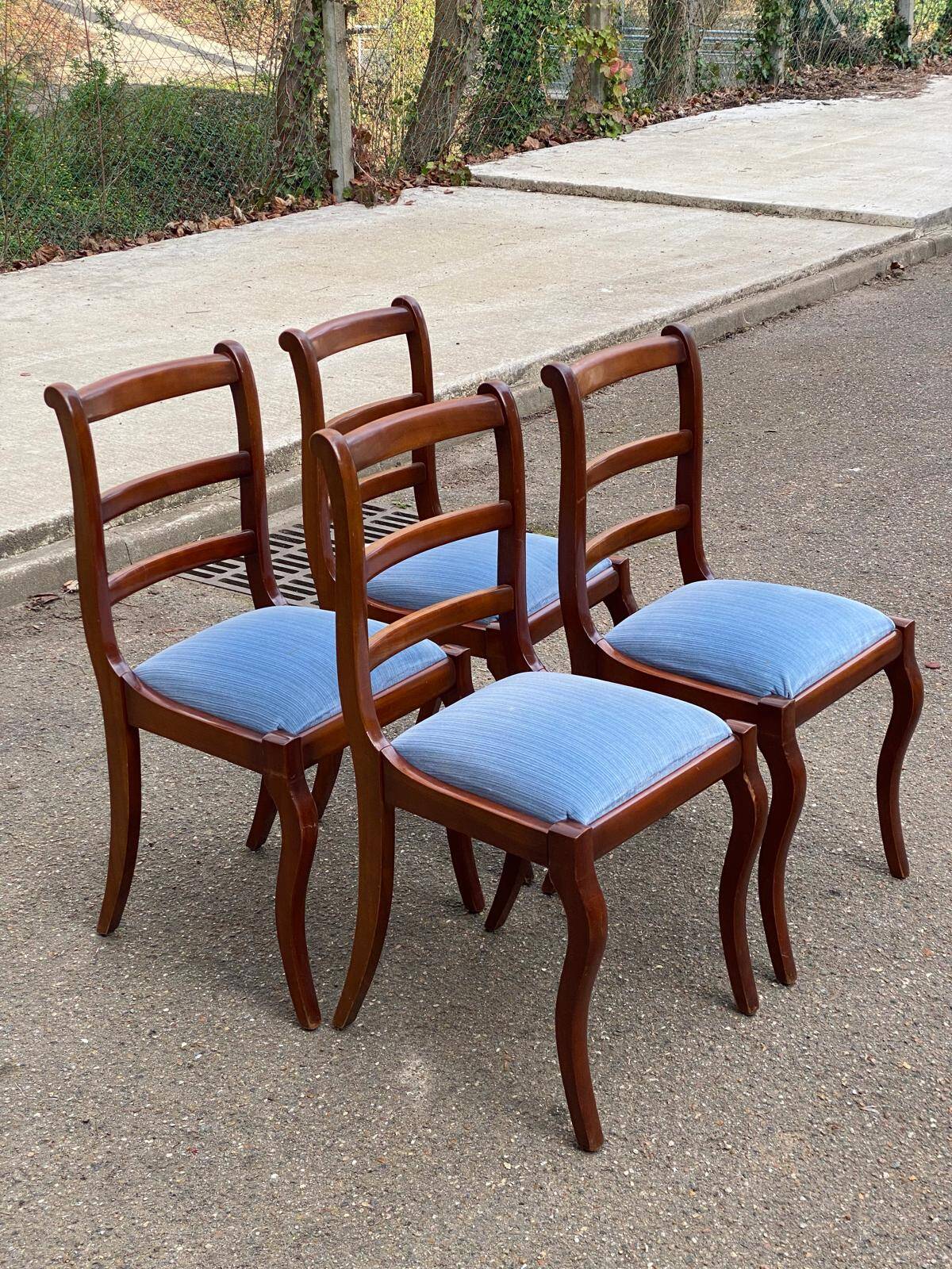 4 solid wood chairs with blue velvet suede in the Louis Philippe style.