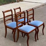 4 solid wood chairs with blue velvet suede in the Louis Philippe style.