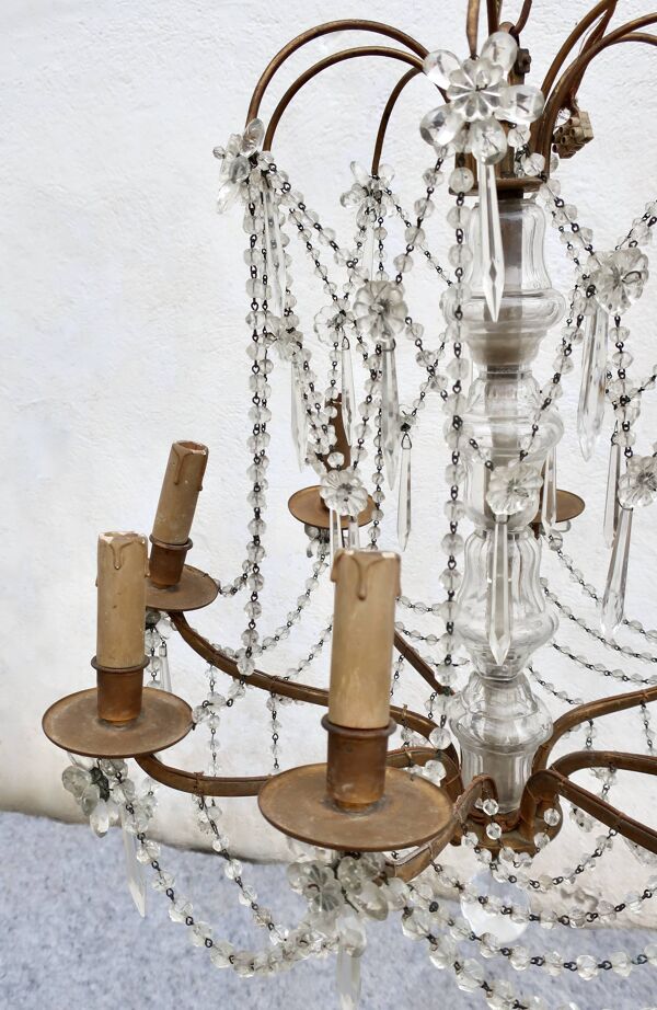 Lustre 8 Lumières en Bronze et Pampilles Cristal