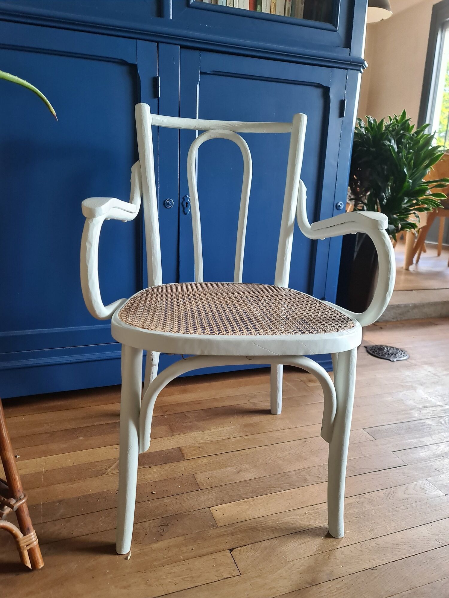 Chair / armchair cannage and wood painted shaby vintage