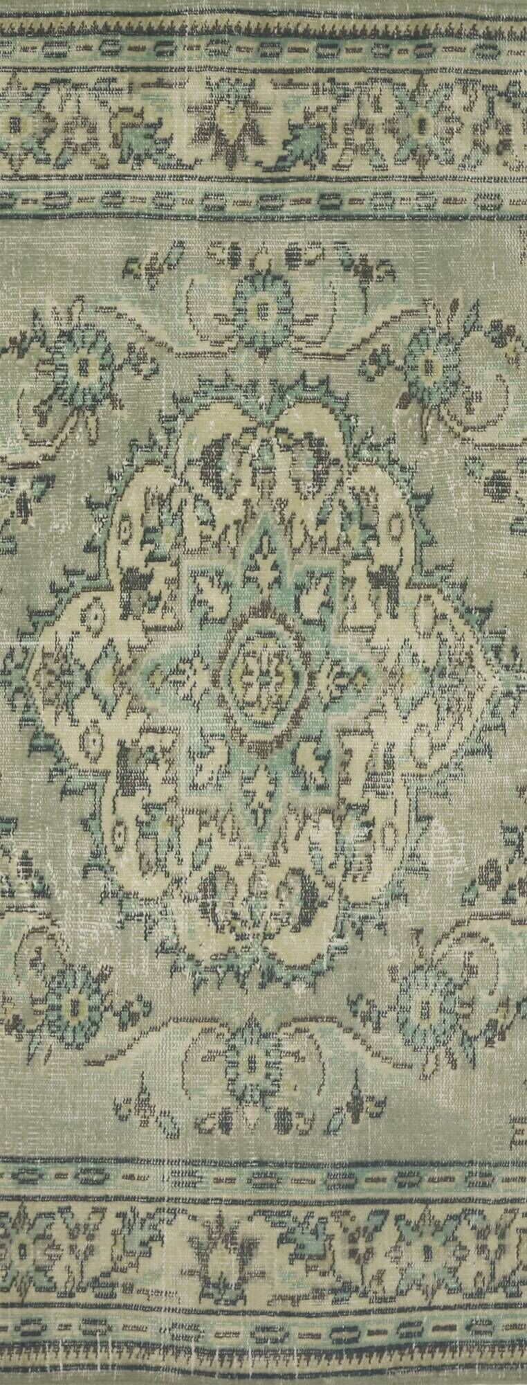 Vintage Turkish Rug Sage Green with Medallion 287 x 193 cm