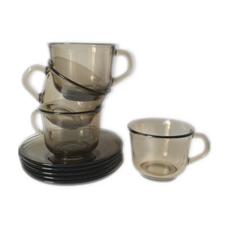 4 tasses à café et soucoupes Arcoroc en verre transparent noir