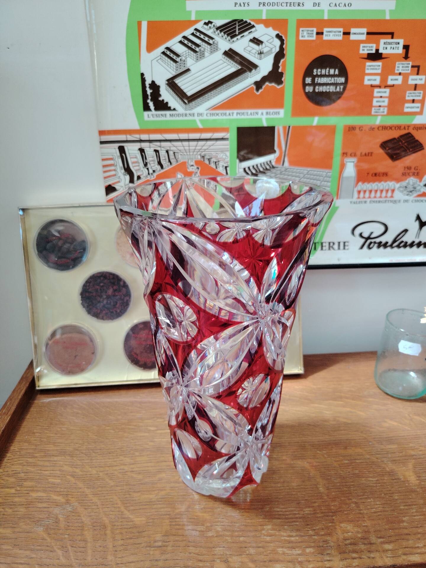 Large ruby red cut crystal vase, handmade, 1960.