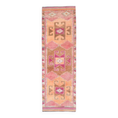 Tapis de couloir turc vintage en laine et coton rose noué à la main