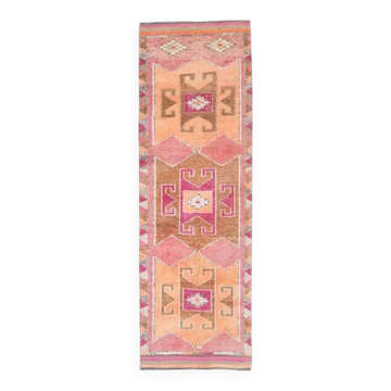 Tapis de couloir turc vintage en laine et coton rose noué à la main