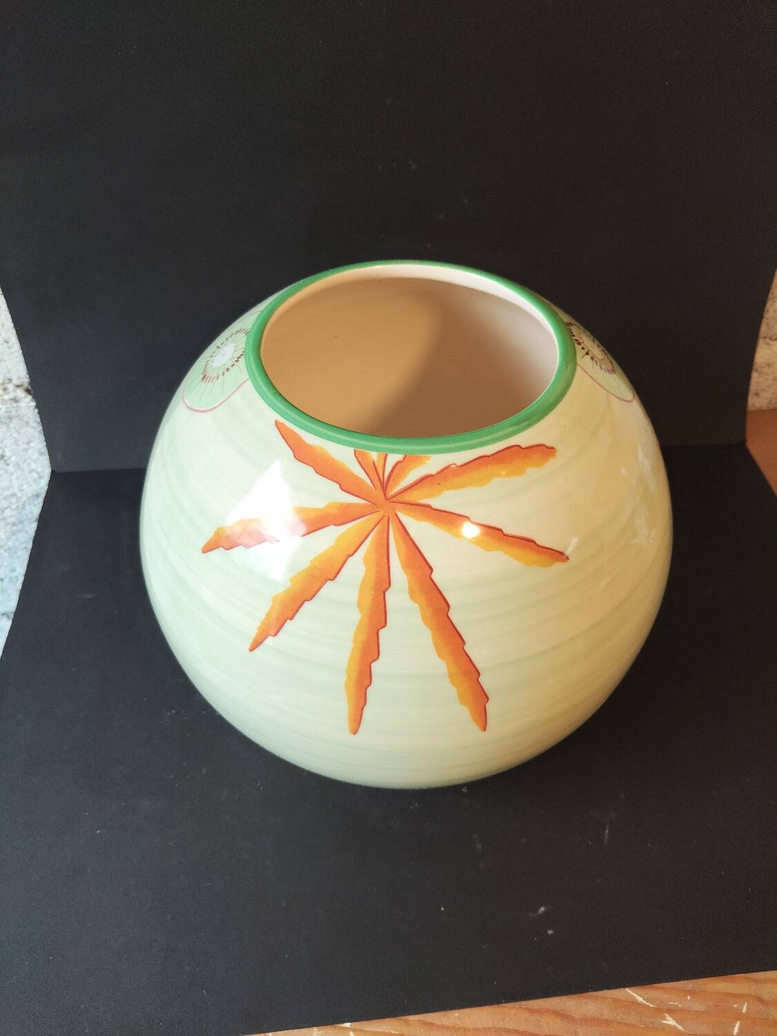 Lunéville France round vase – kiwi & leaf decoration – soft green vintage