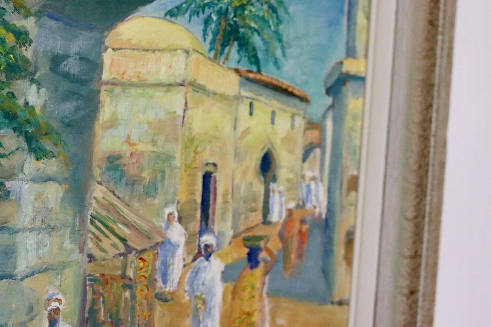 Original Swedish mid-century oil painting on panel "City" – Vintage and frame