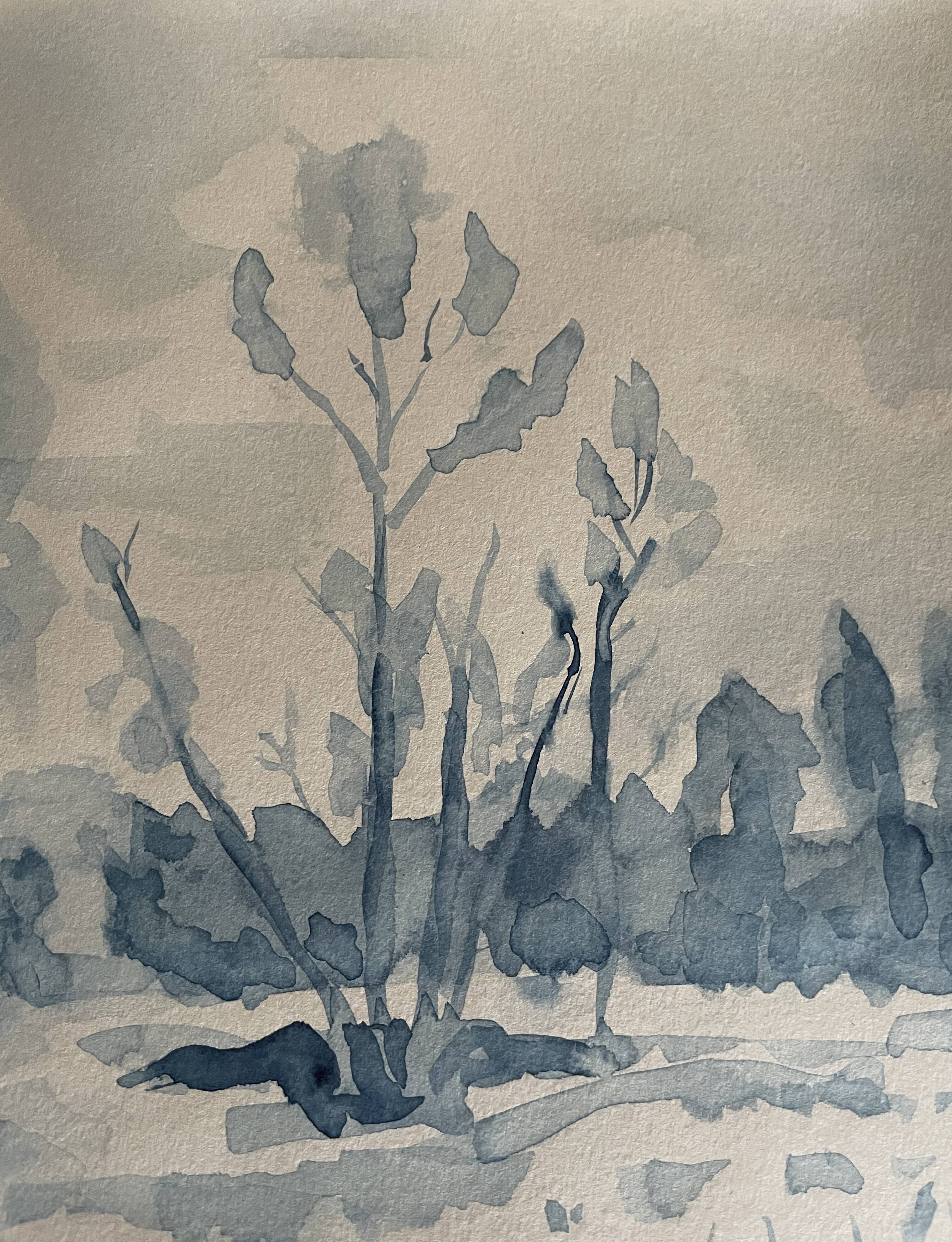 Tableau Aquarelle signé monochrome blue jeans « la forêt bleue »