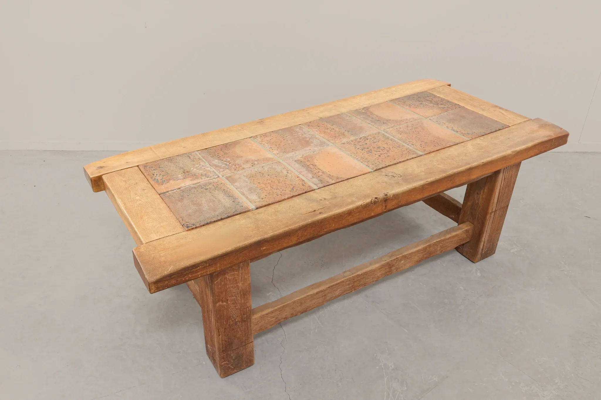 Brutalist Oak Coffee Table with Red Terracotta Tiles, 1950s