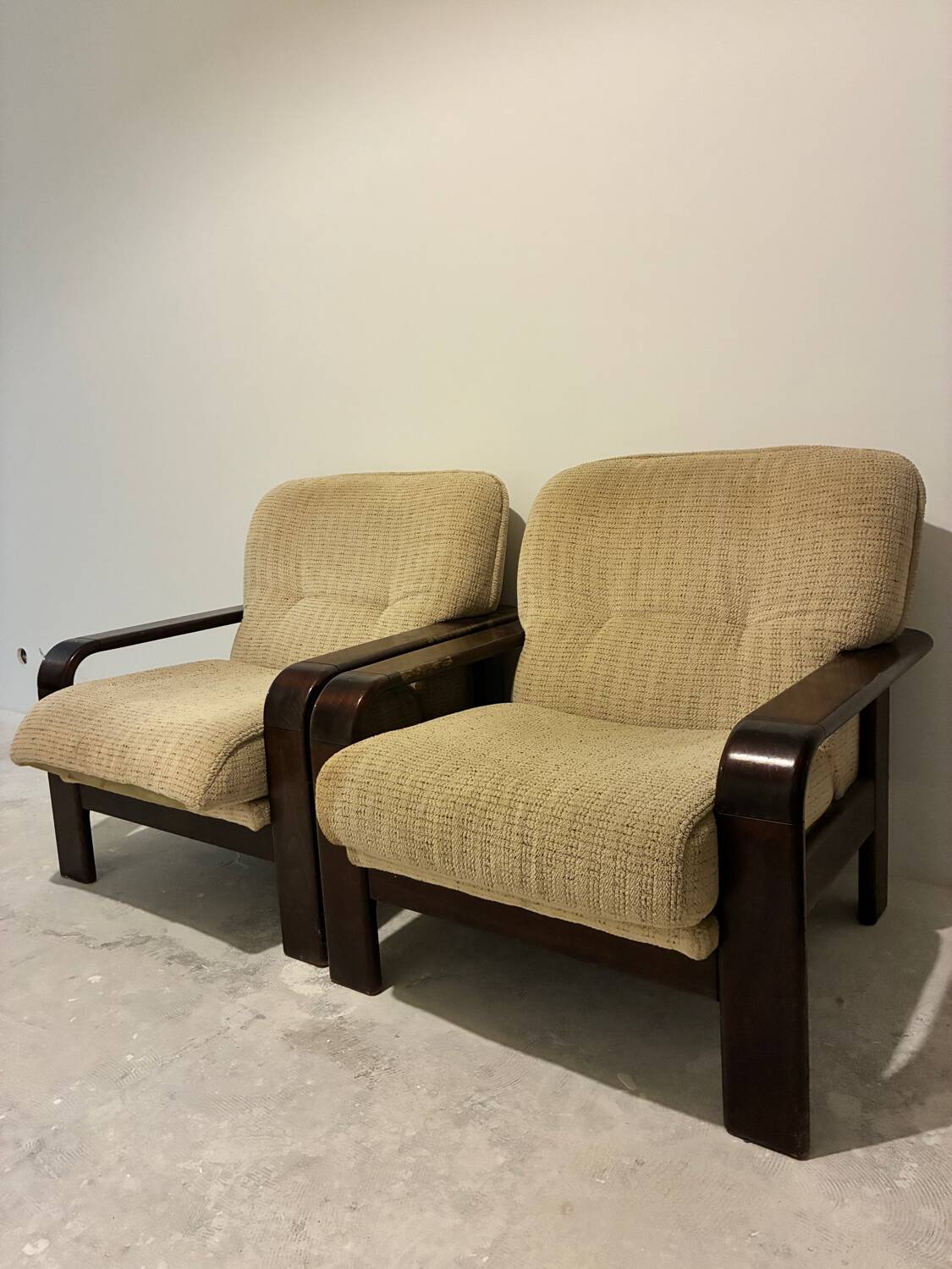 Pair of vintage beech and fabric armchairs, France, 1970s