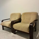 Pair of vintage beech and fabric armchairs, France, 1970s