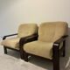 Pair of vintage beech and fabric armchairs, France, 1970s