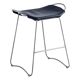 Bar stool, aged flat steel and navy blue leather, contemporary style.