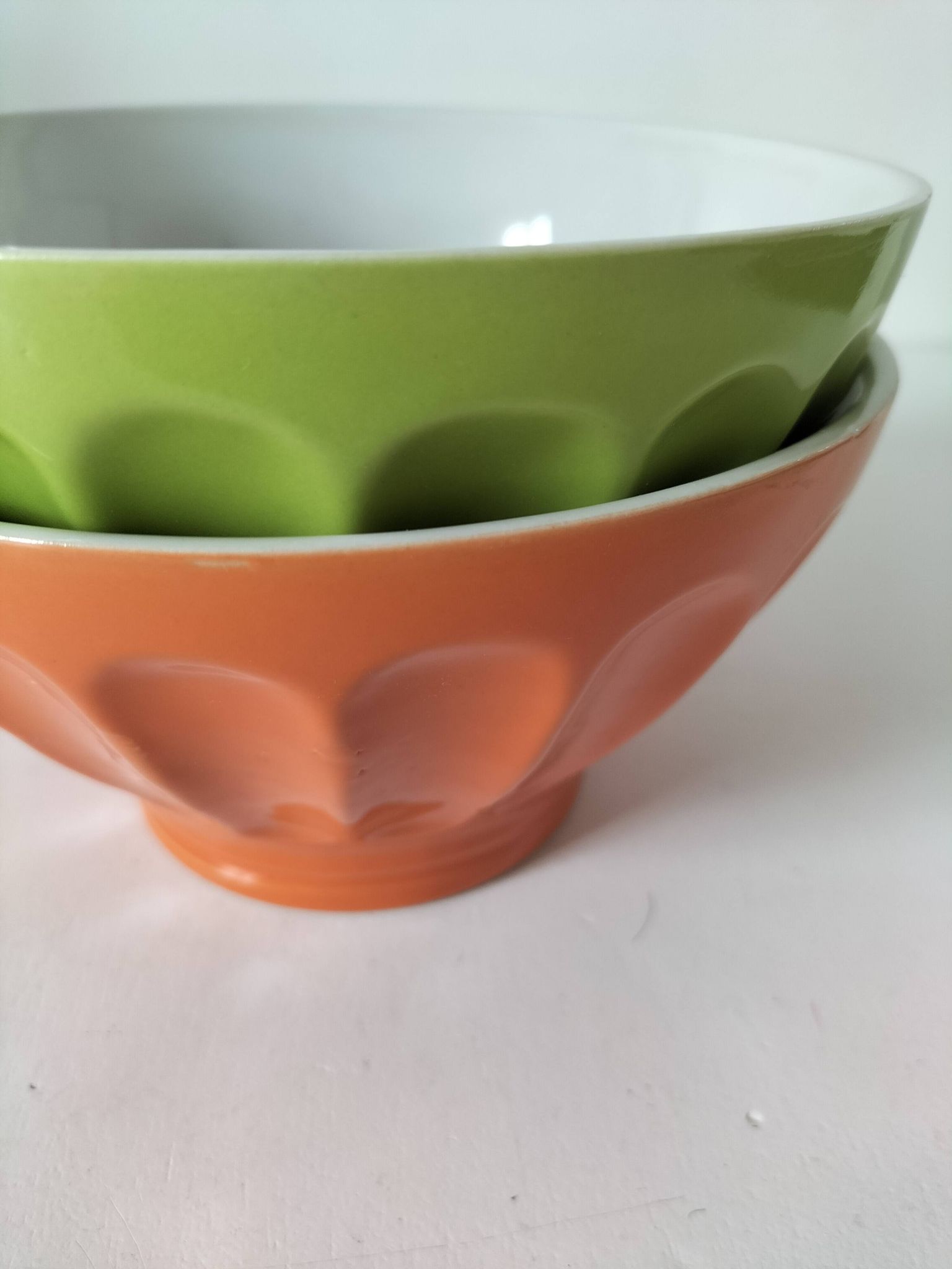 2 large vintage farm bowls in lime green and orange