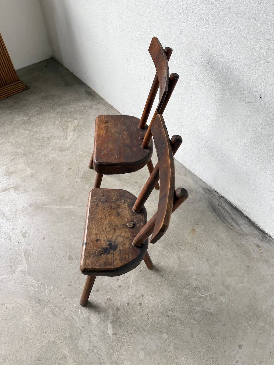 Pair of Savoyard tripod chairs, folk art, oak.