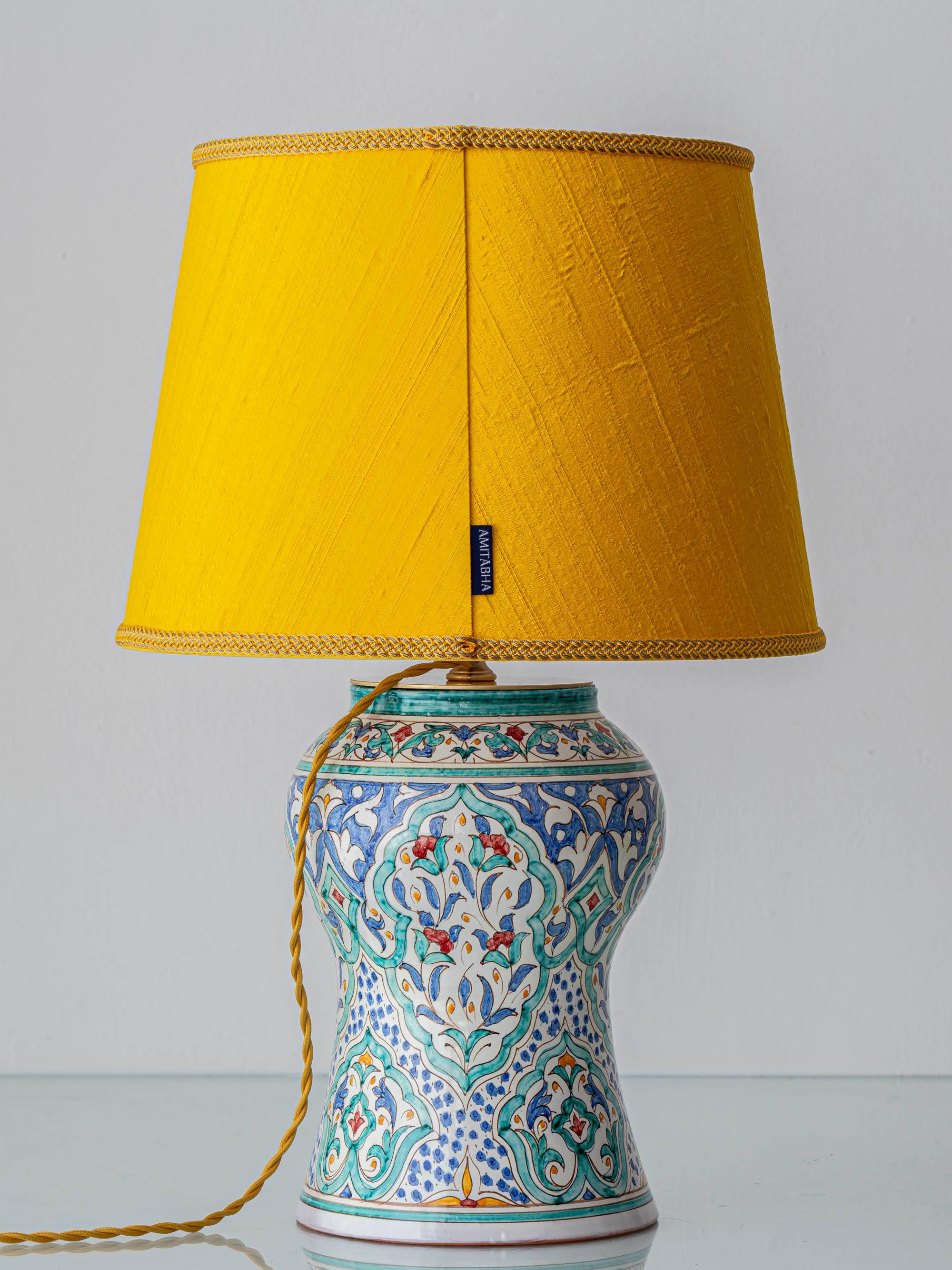 Mediterranean Table Lamp in Hand-Painted Spanish Ceramic, New Yellow Silk Shade