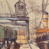 "Quai à Bruxelles" by Emile Lhernault, Tableau Aquarelle Marine, Halage et Chevaux de Trait ca 1910