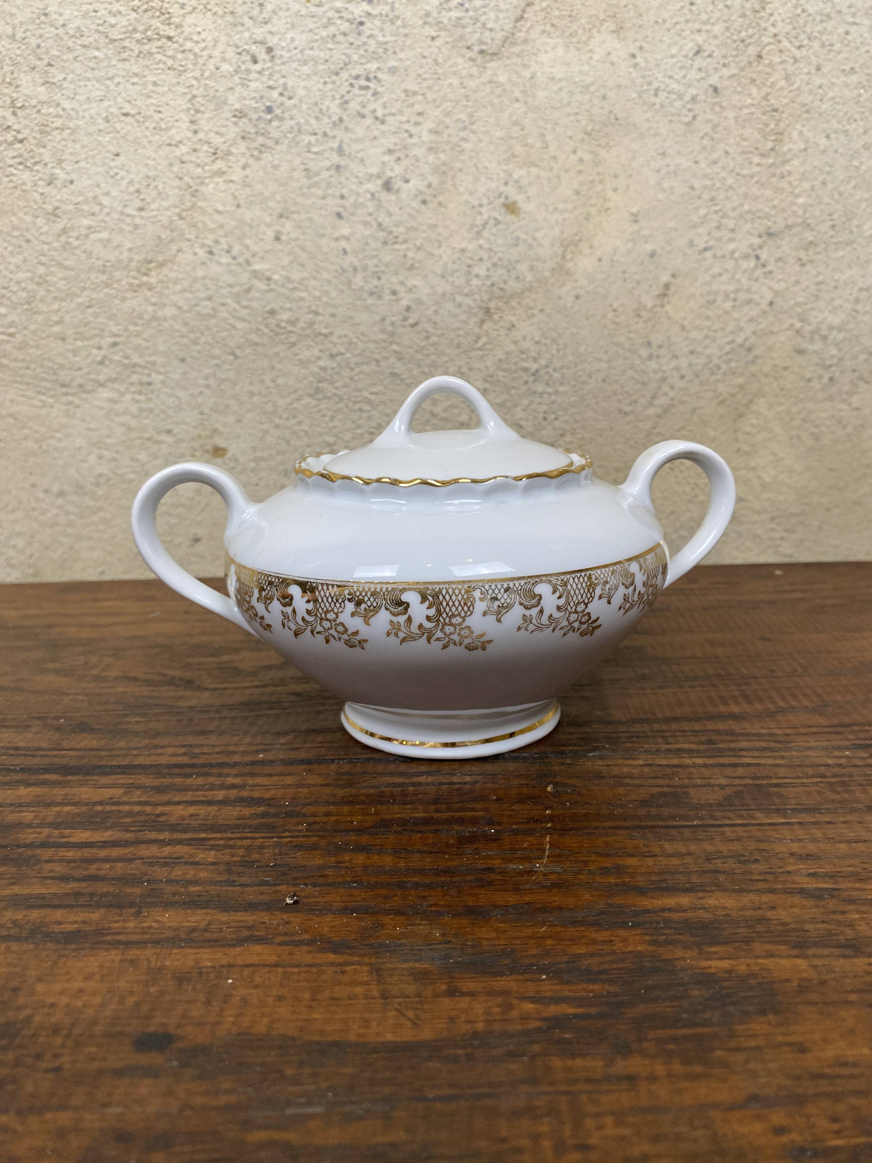 ADP France white and gold porcelain sugar bowl