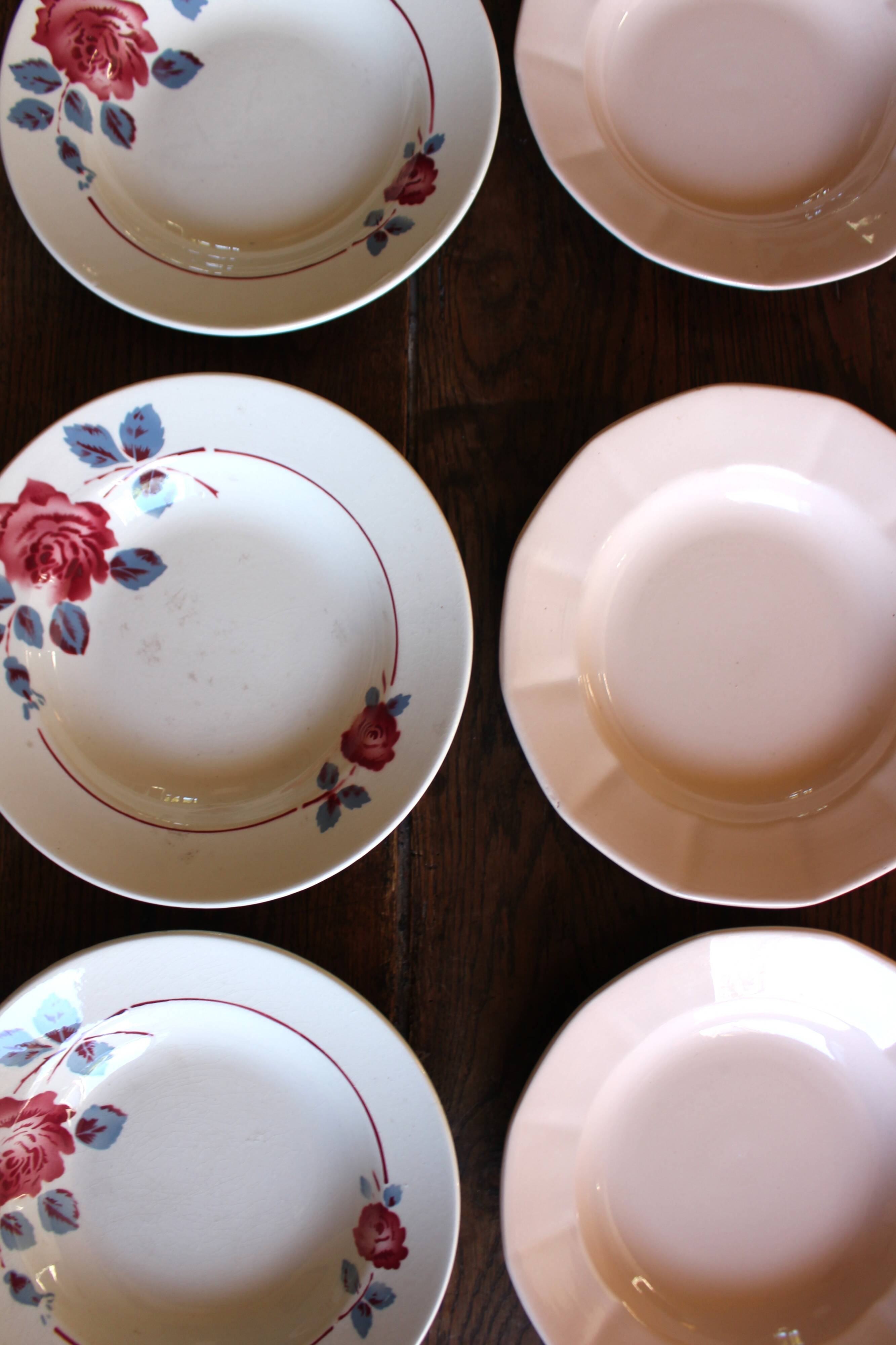 6 mismatched pink deep plates Digoin Badonviller Art Deco