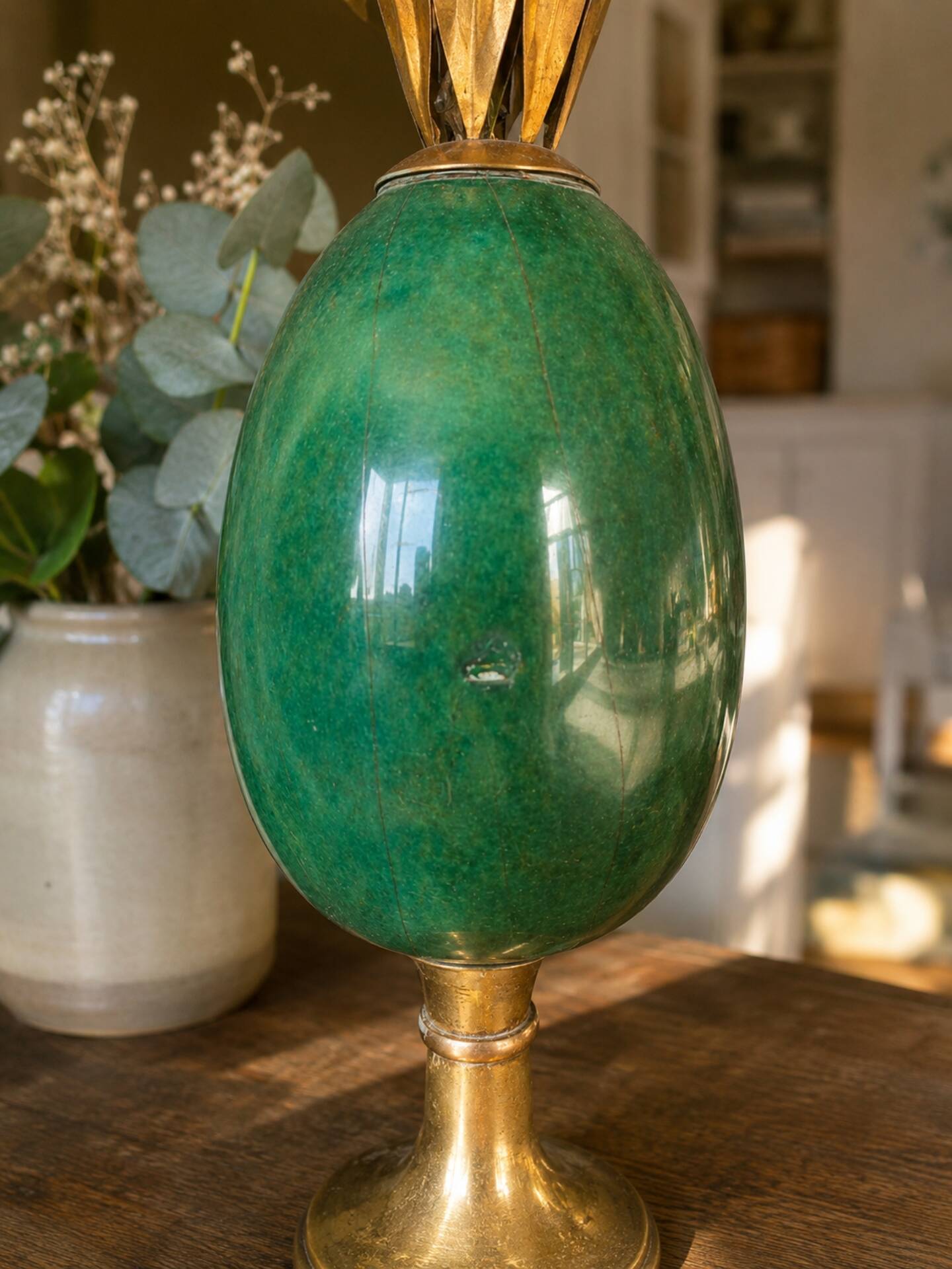 Vintage flower candlestick in brass and green stone