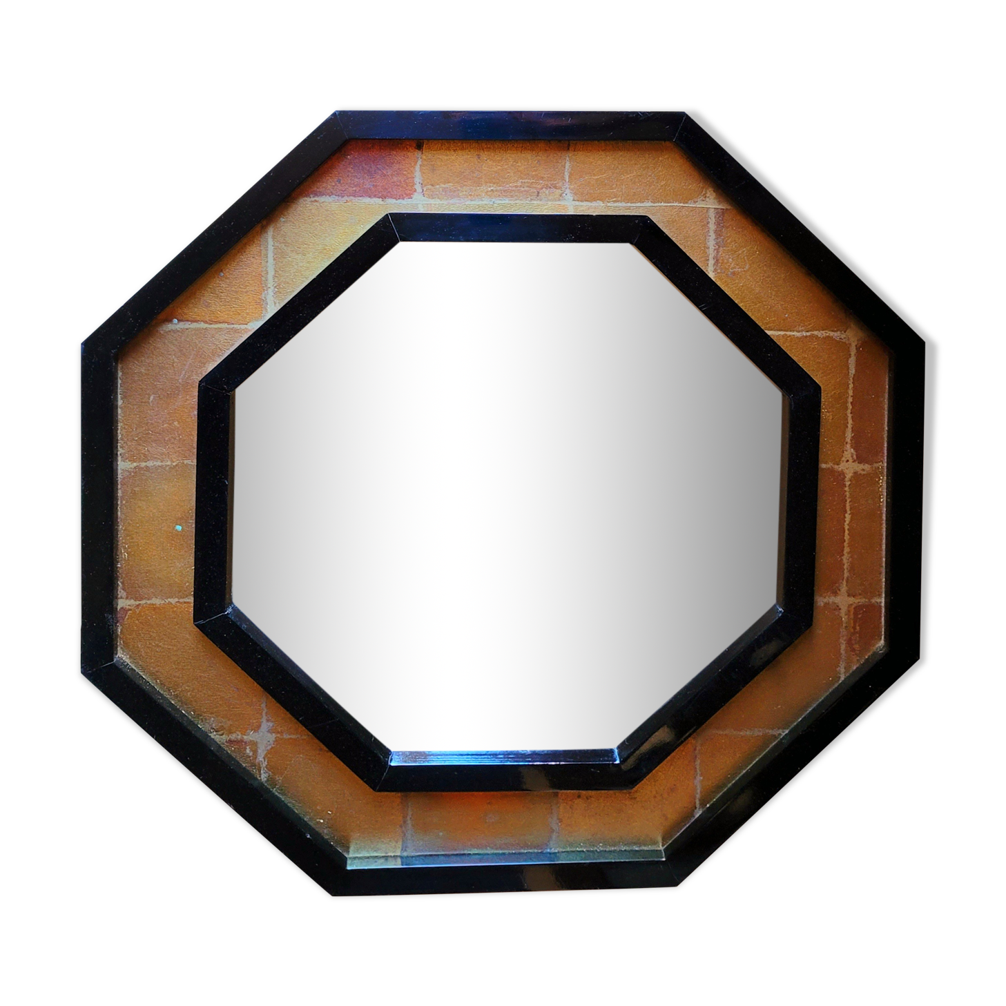 Miroir octogonal vintage laqué noir et doré années 70 80
