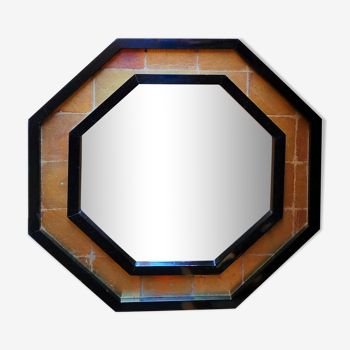 Vintage octagonal mirror lacquered black and gold 70s 80s