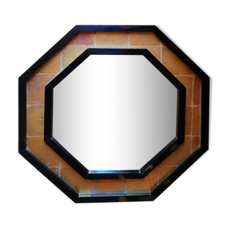 Vintage octagonal mirror lacquered black and gold 70s 80s