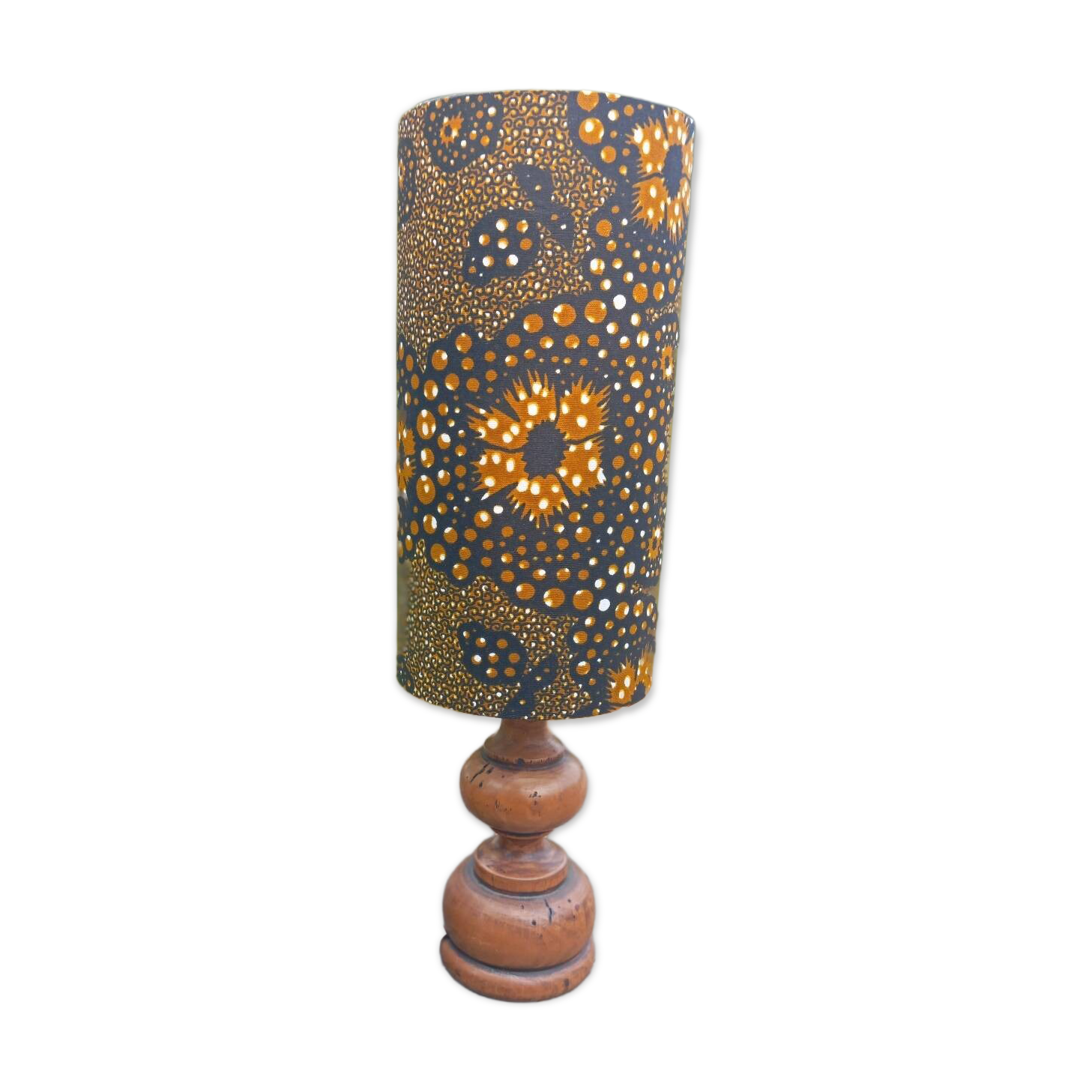 Vintage turned wood table lamp, ethnic chic wax drum lampshade