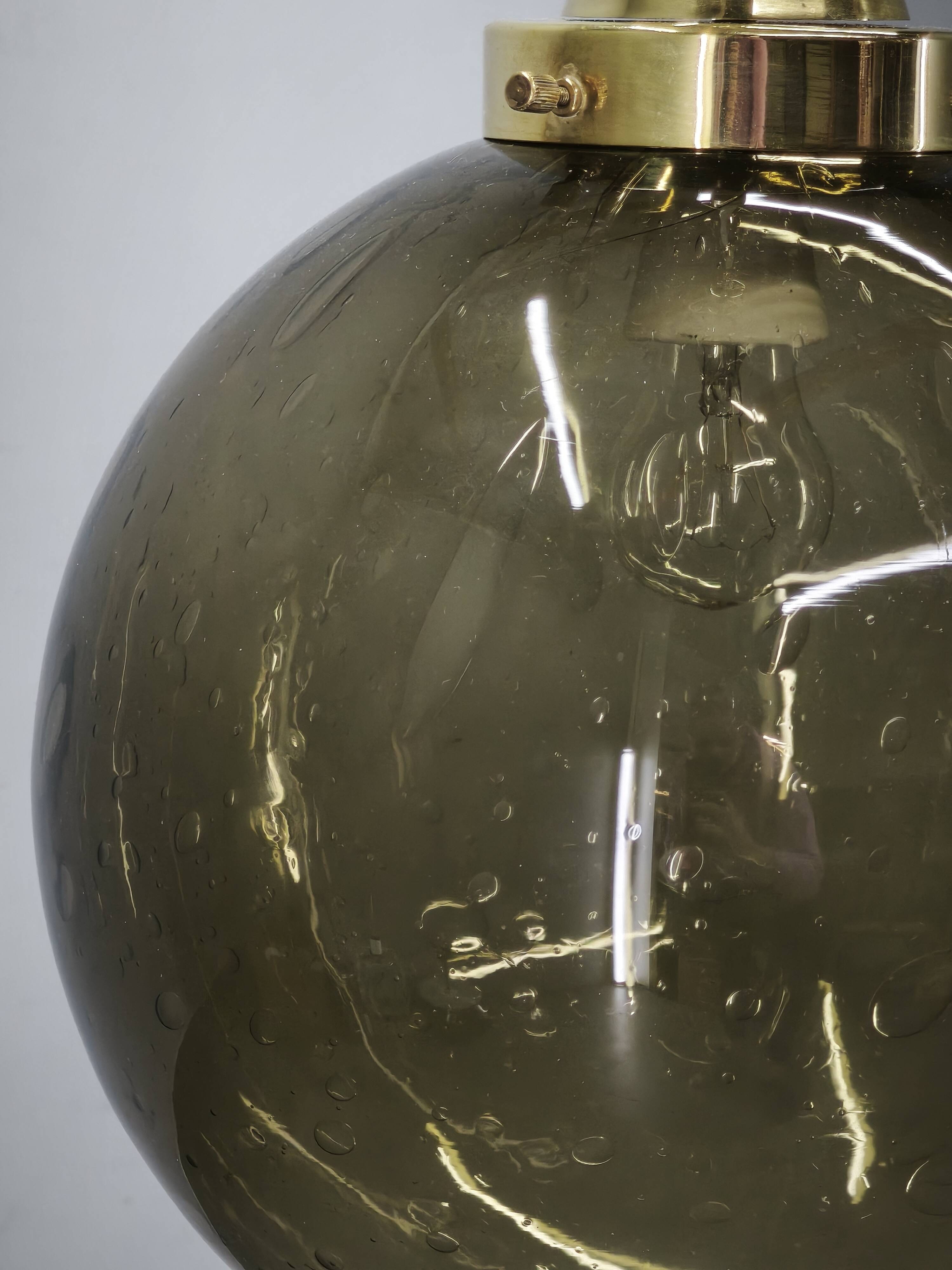 1970s Czech Smoked Glass Globe and Brass Pendant Light