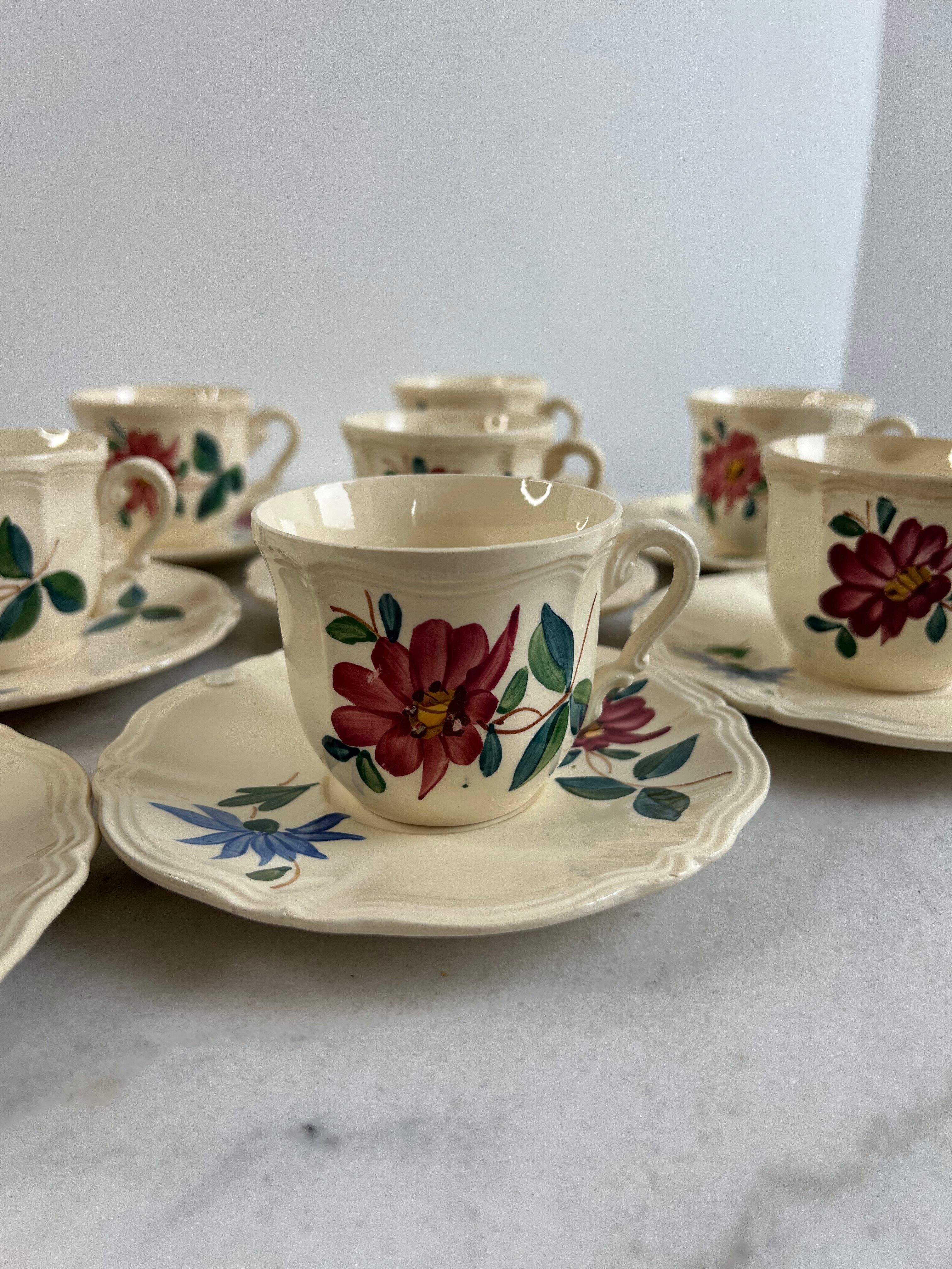 Set of 8 hand-painted coffee cups Sarreguemines Terre de fer