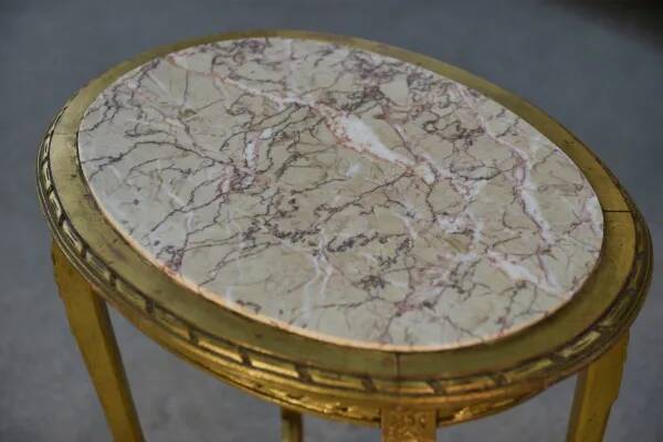 Side table with curved base in gilded carved wood, Louis XVI style, 20th century