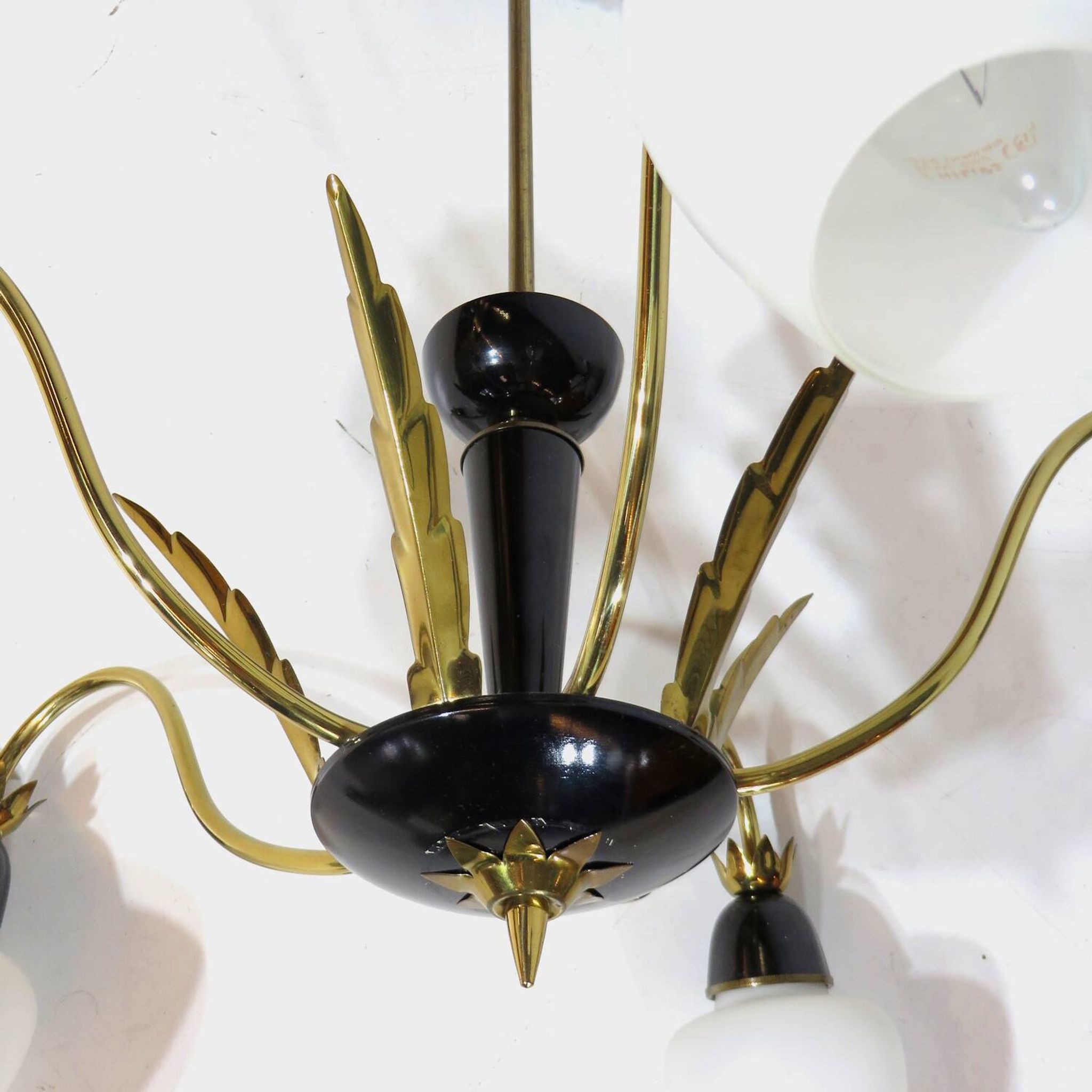 Vintage mid century chandelier in brass and opaline glass, 1960s