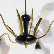 Vintage mid century chandelier in brass and opaline glass, 1960s