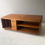 1970’s mid century modern large solid teak coffee table, media stand on castors
