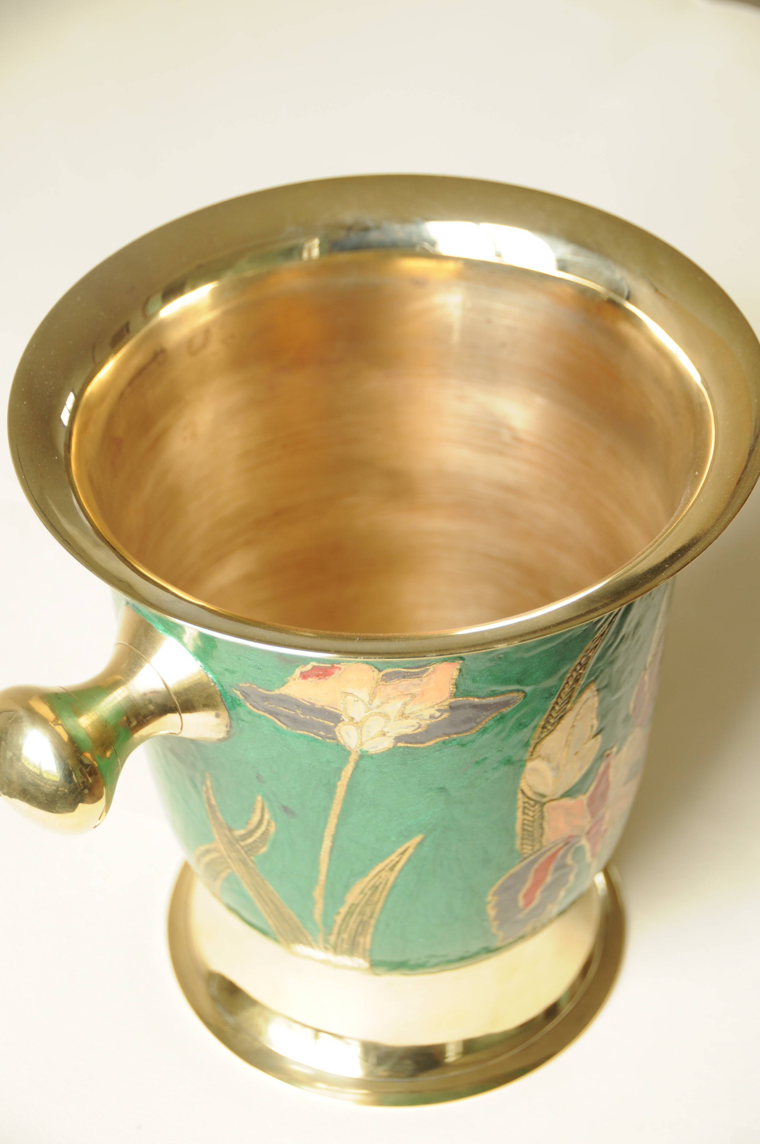 Champagne Bucket / Vintage Ice Bucket in Enamelled Brass with Flower Design