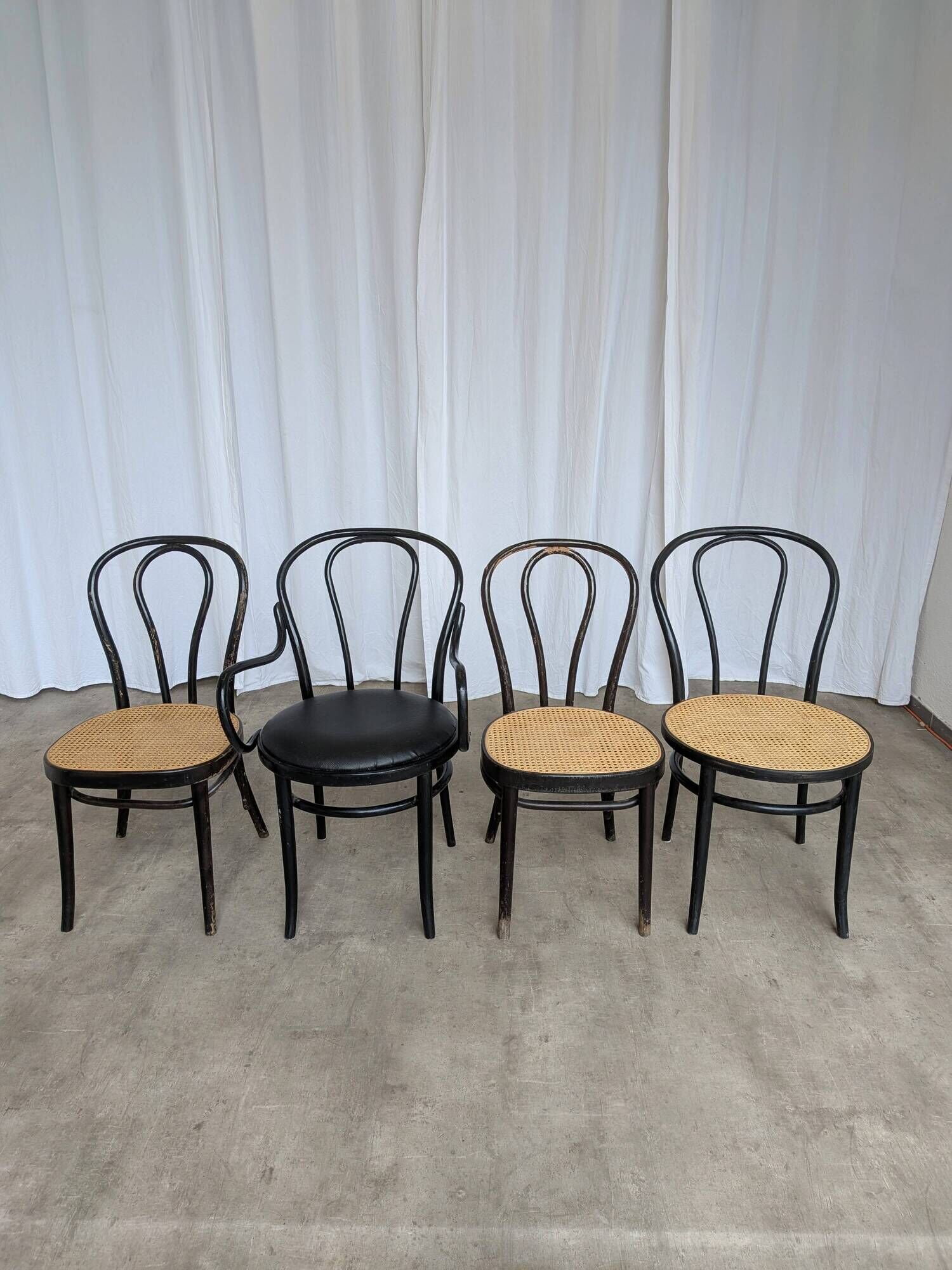 Set of 4 Mix&Match Thonet Style Dining Chairs / Black Bentwood Cane Chairs