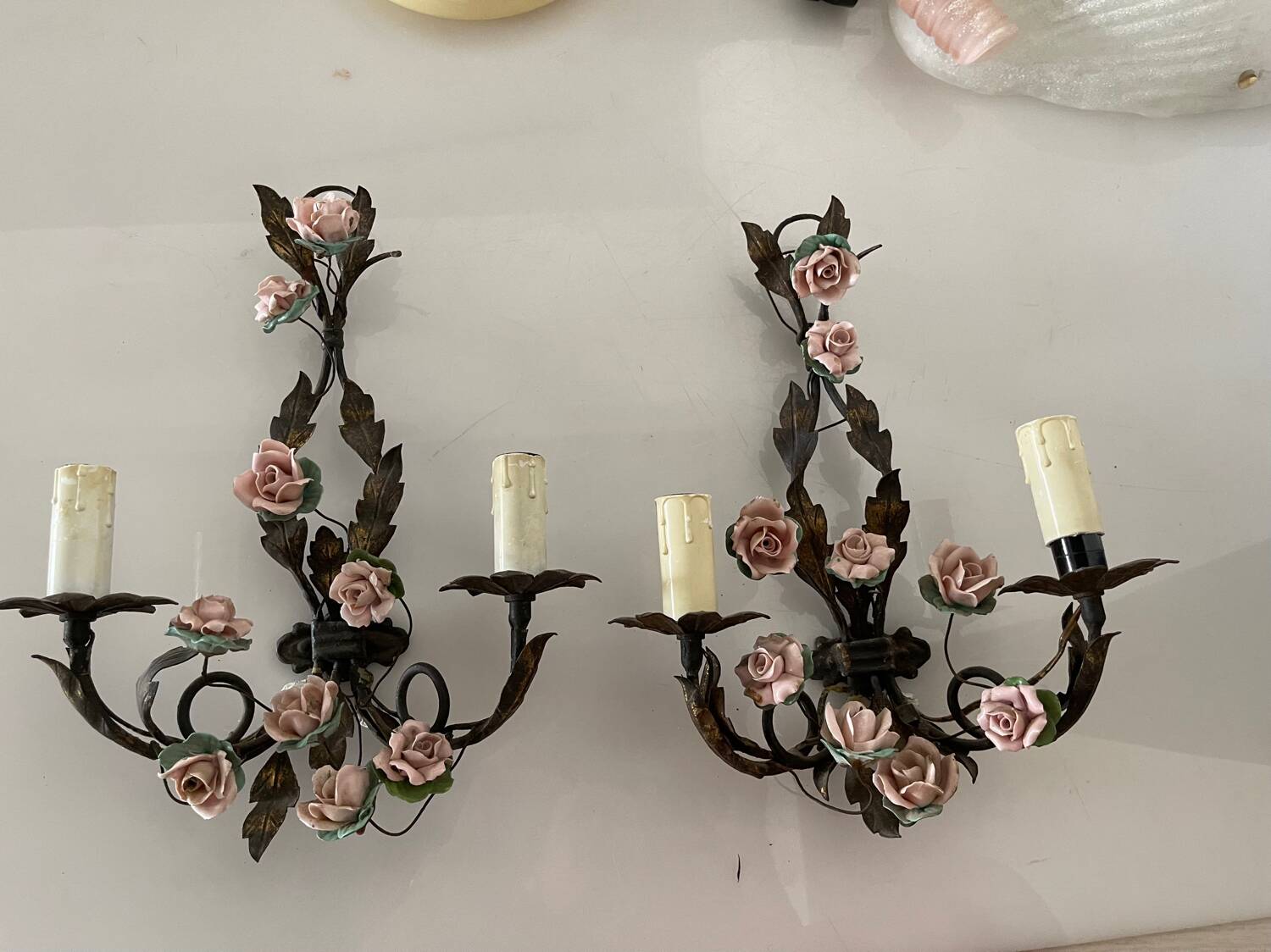Italian Tole Rose Flower Sconces Set of 2