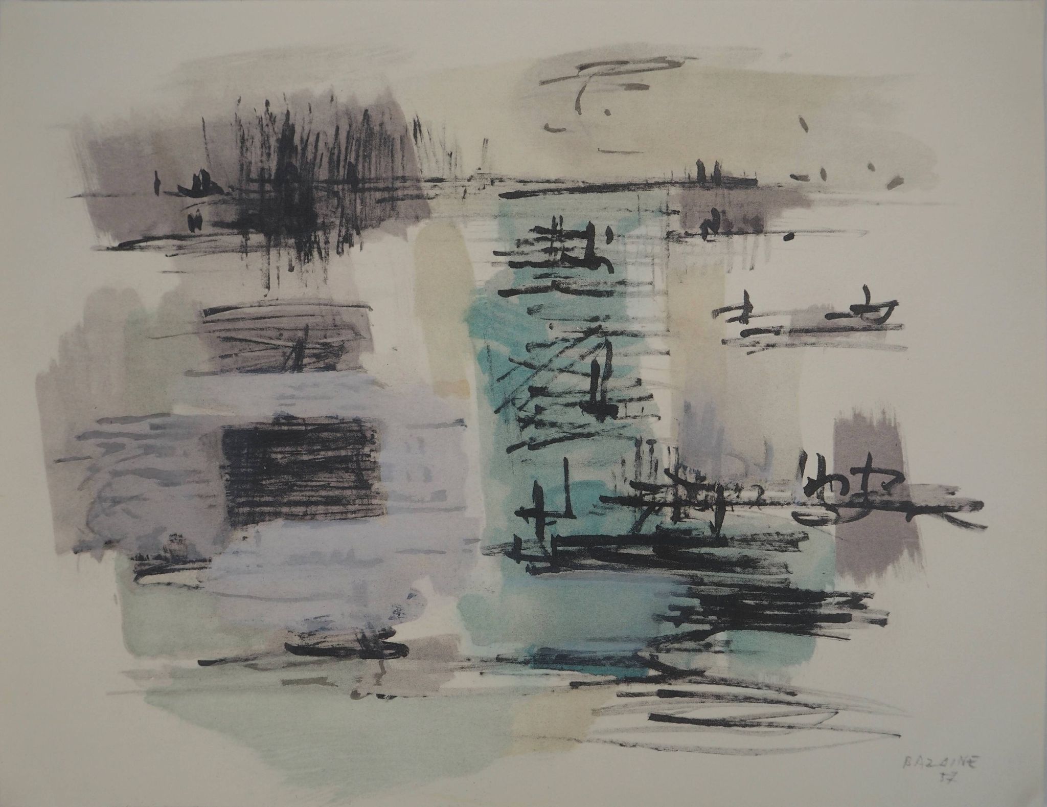 Jean rené bazaine: abstract composition - original signed lithograph