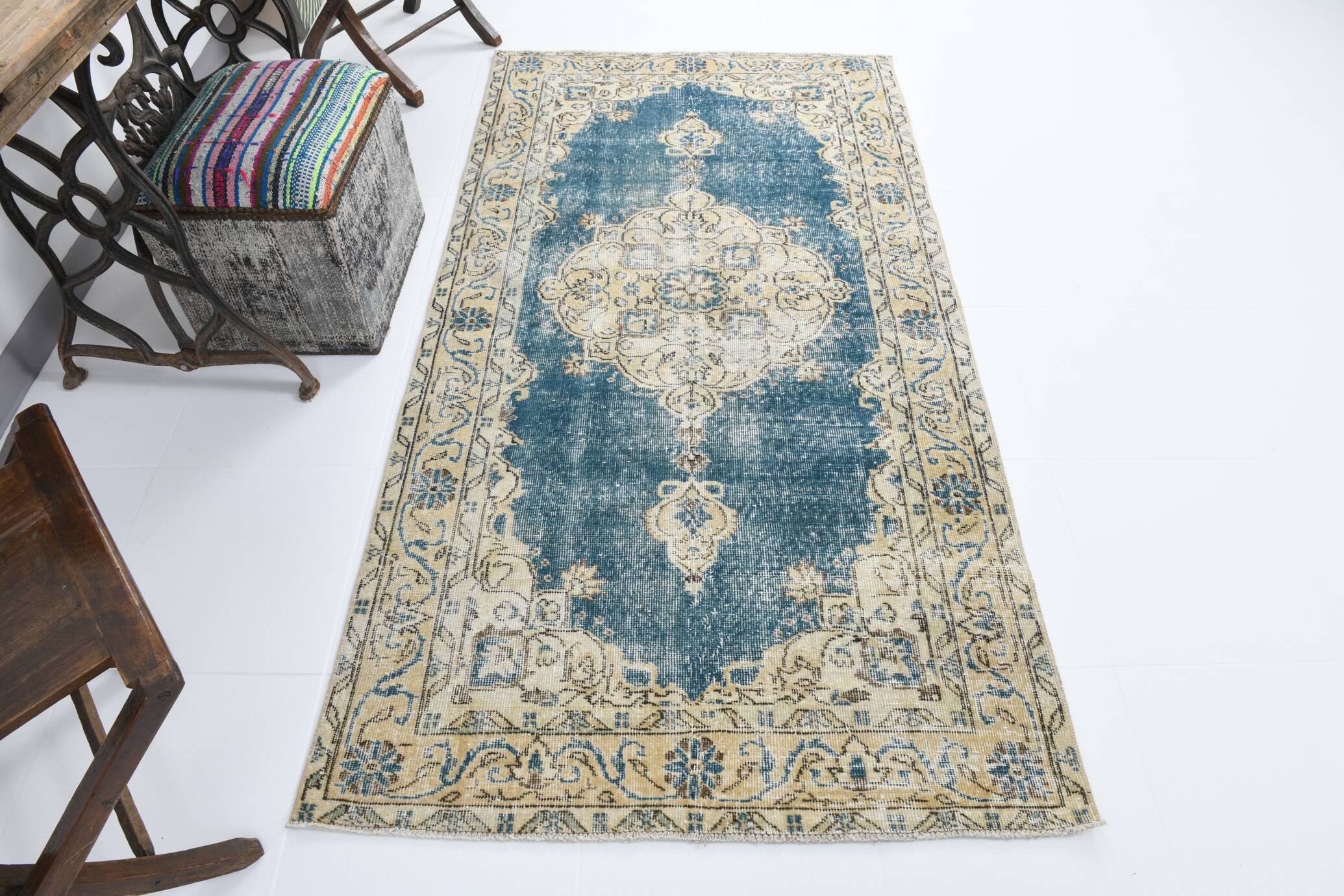 4x7 Rustic Blue & Beige Handmade Persian Rug, 112x212Cm SK 17715