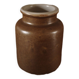 Vintage brown stoneware mustard pot with gray glazed interior