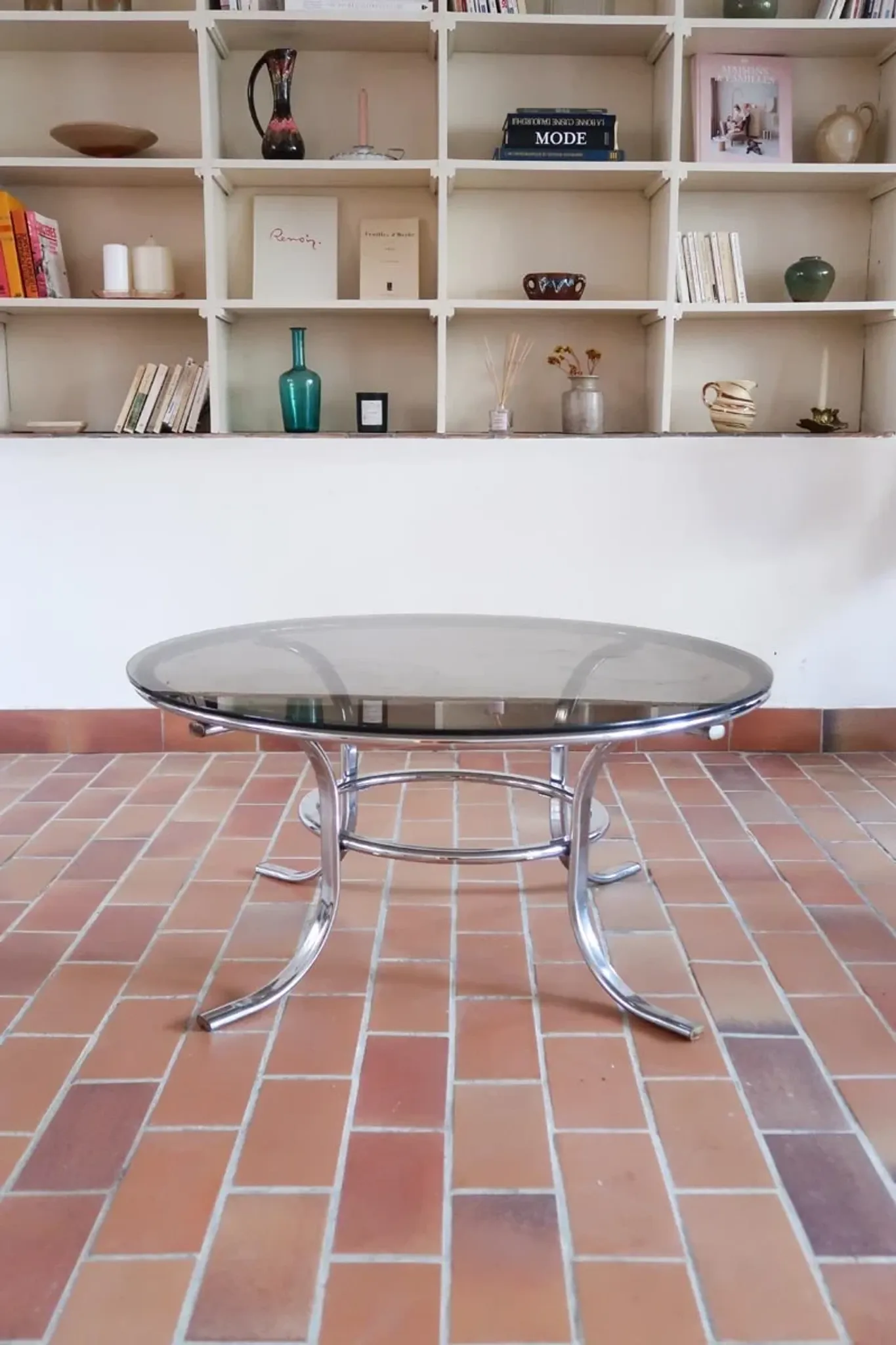 Round coffee table in smoked glass and chrome – Space Age style, 1970s