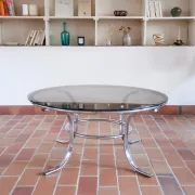 Round coffee table in smoked glass and chrome – Space Age style, 1970s