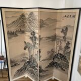 Paravent asiatique en soie peinte