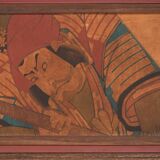 Small Japanese cabinet with sliding doors, Kabuki decoration, made of paulownia wood, early Showa period, circa 1926–1970.